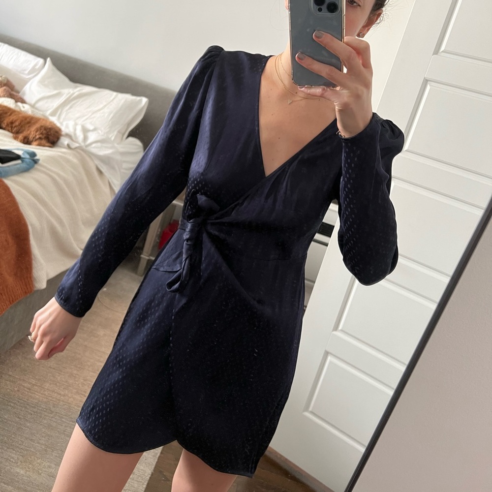 Aritzia navy silk wrap mini dress